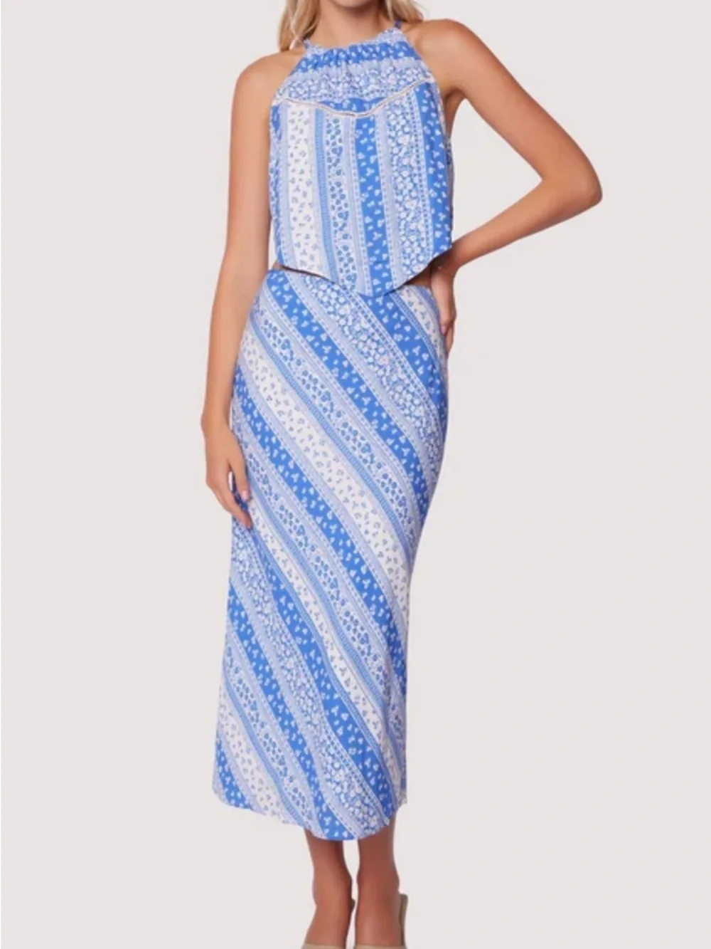 Blue and White Printed Halter Maxi Skirt With Side Zipper